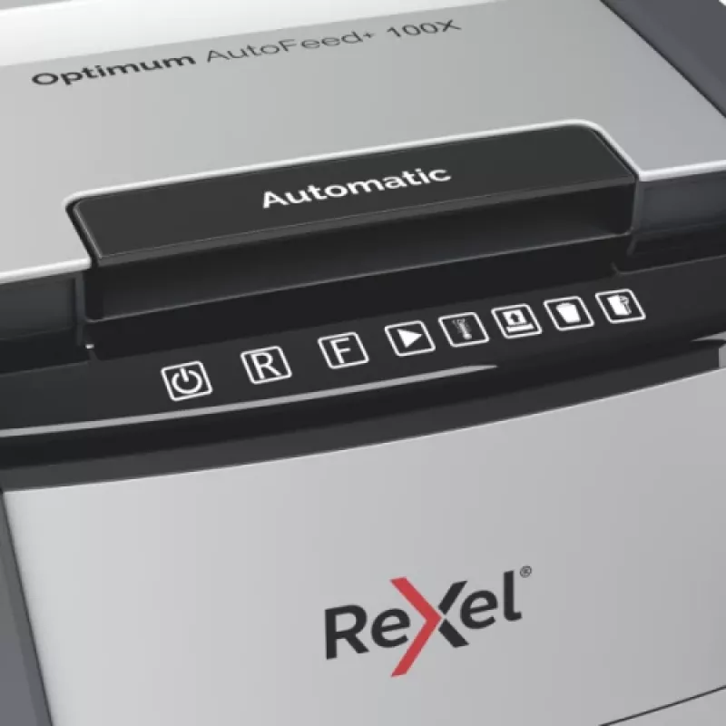 Niszczarka do papieru REXEL Optimum AutoFeed+ 100X — automatyczne podawanie 100 arkuszy, cięcie krzyżowe 4 x 28 mm, kosz 34 L, aluminium