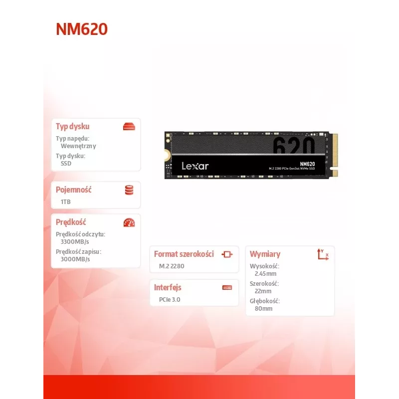 Dysk SSD Lexar NM620 1TB NVMe M.2 2280, 3300/3000MB/s