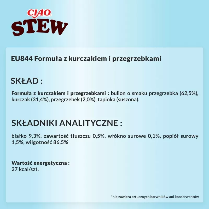 Mokre przysmaki dla kota INABA Ciao Stew Chicken & Scallop saszetka 40 g — bezzbożowe, dla dorosłych, mięsne