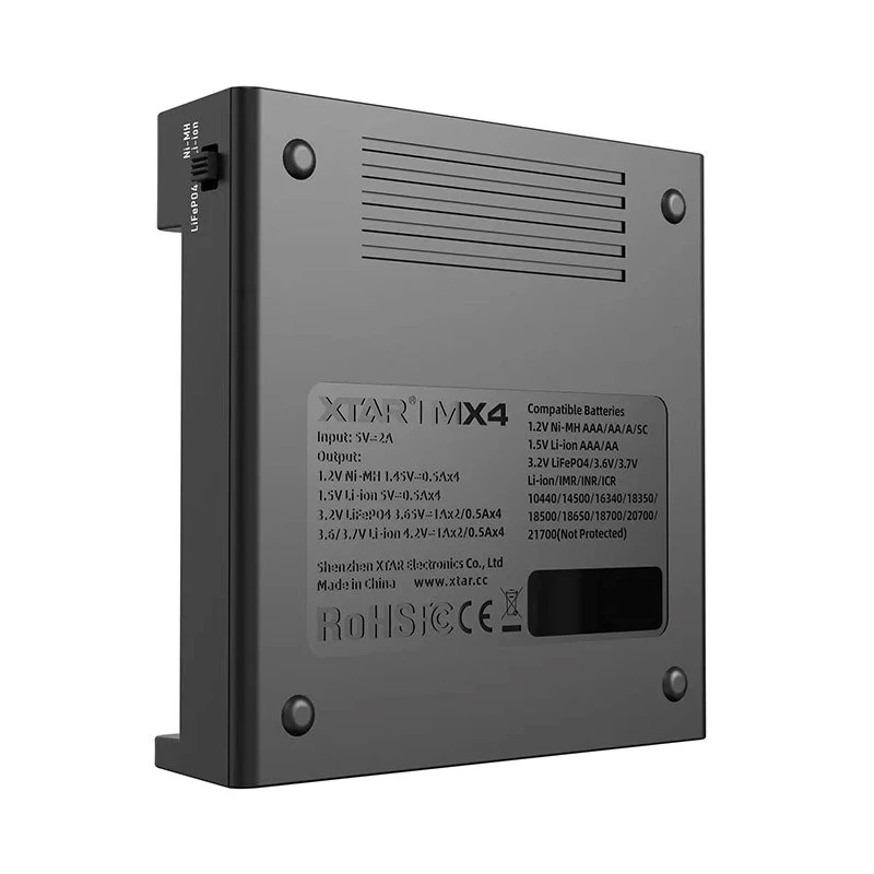 Ładowarka do akumulatorów XTAR MX4 4-slotowa uniwersalna Li-ion NiMH USB-C, czarna, obsługuje 4 akumulatory