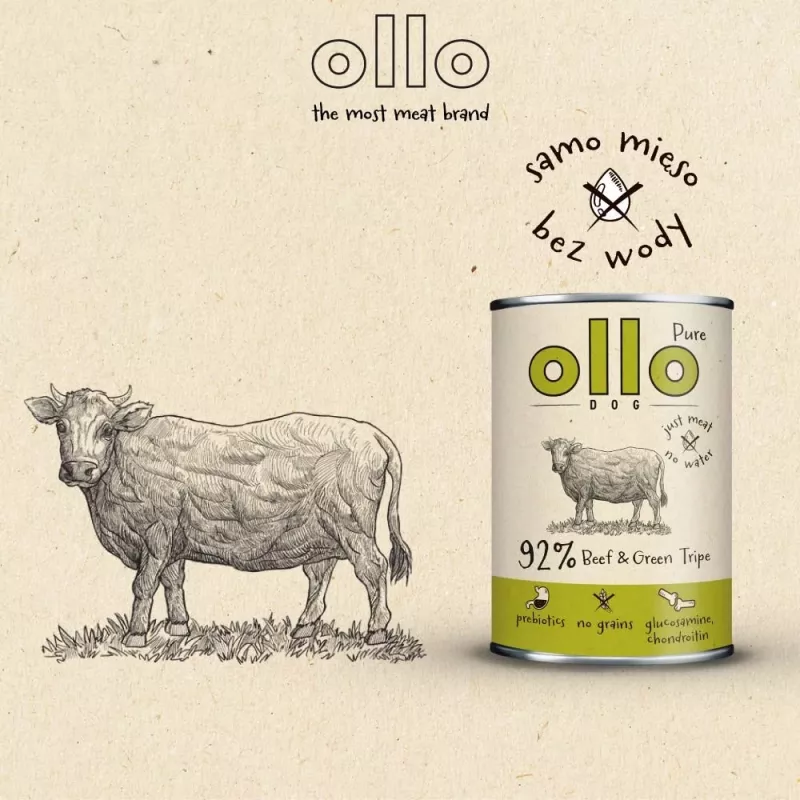 Mokra karma dla psów OLLO Pure Beef and zielony Tripe 400 g puszka — dla dorosłych, białko 14,5%, tłuszcz 11,9%, wilgotność 69%
