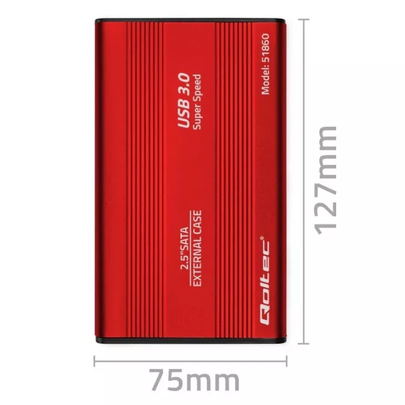 Obudowa HDD/SSD QOLTEC 51860 na dyski 2,5 cala SATA III, USB Type-A, 5 Gbit/s, aluminium, czerwona