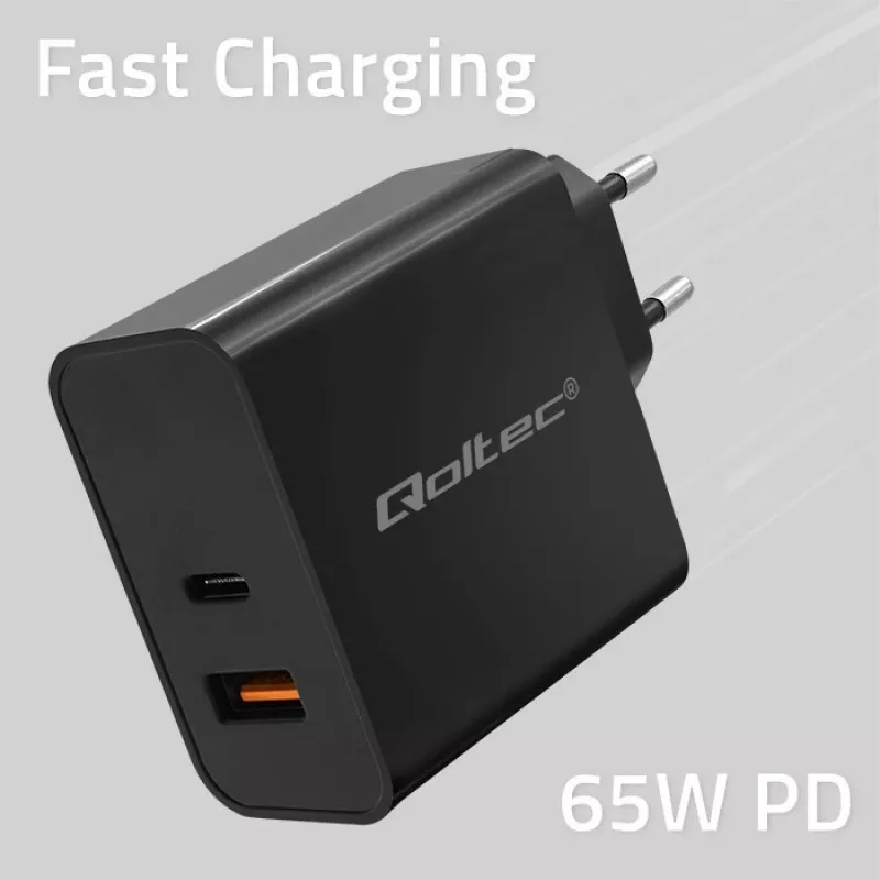 Qoltec 52380 Super Quick PD Charger | 1xUSB-C | 1xUSB | 65W | 5-20V | 1.5-3.25A | Czarny