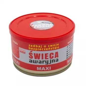 Świeca survivalowa awaryjna FULER HASKE Pro MAXI 410 g — naturalny wosk sojowy, 72 h czas palenia, 99 mm × 65 mm, puszka stalowa