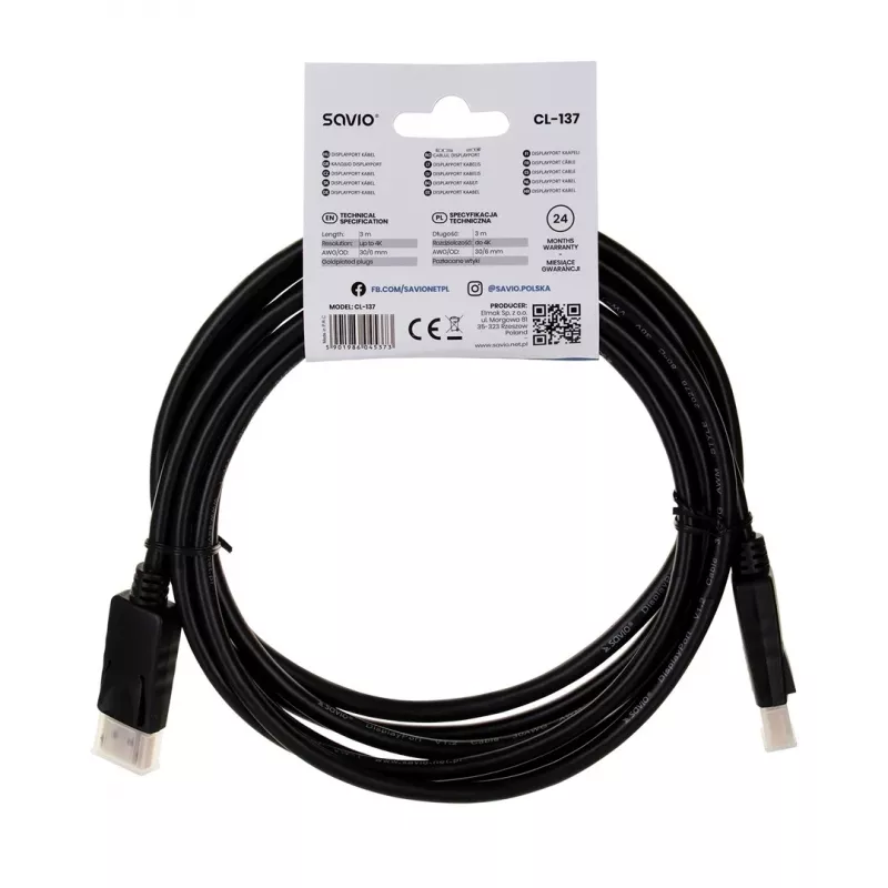 Przewód DisplayPort Savio CL-137 3 m Czarny