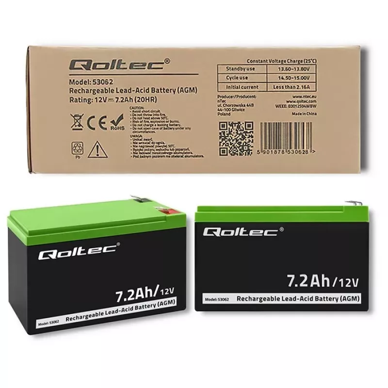 Qoltec 53062 Bateria AGM | 12V | 7,2 Ah | max 108A