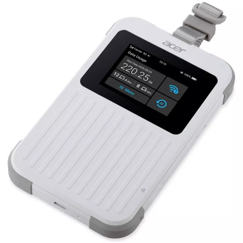 Przenośny router Acer Connect M6E z 20 GB, dwuzakresowy (2,4 GHz + 5 GHz lub 2,4 GHz + 6 GHz), Wi‑Fi 6E, 5G, IP68, wewnętrzne anteny 2x2, 4 GB RAM, procesor 2,5 GHz