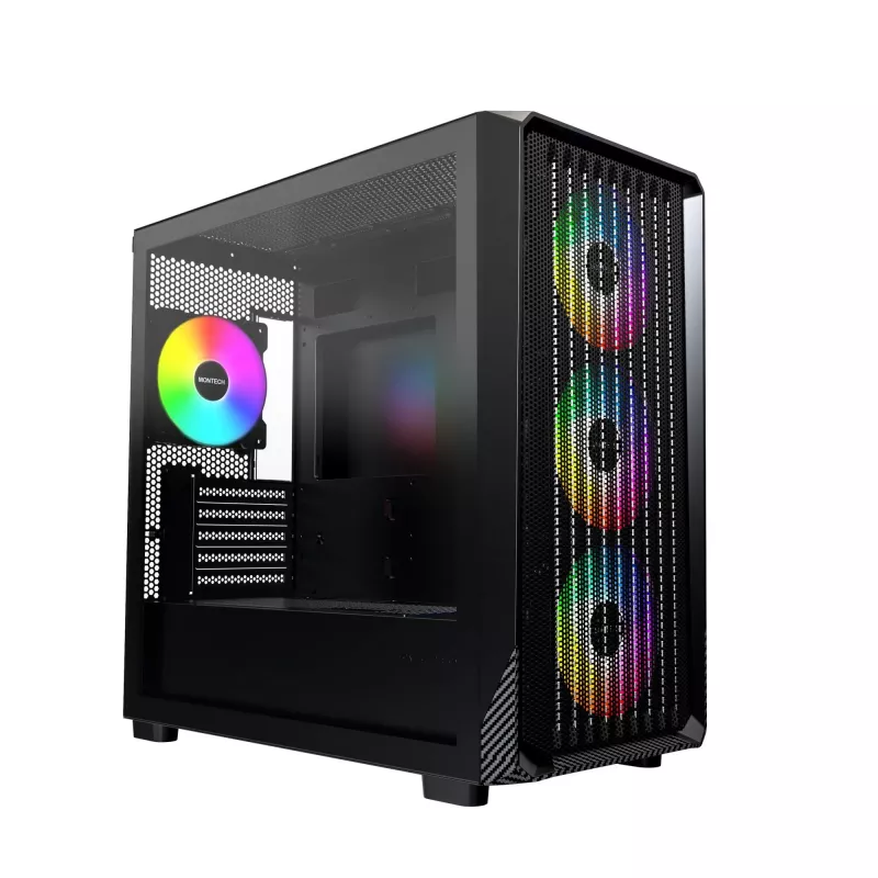Montech X5M (B) Obudowa PC Micro Tower — Micro‑ATX/Mini‑ITX, 3x120mm przód, 1x120mm tył, obsługa zasilacza ATX, 2x3,5 cala + 4x2,5 cala, Czarna