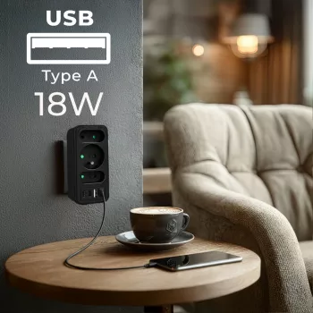 Rozgałęźnik zasilania MACLEAN MCE248 F/B — 3 gniazda AC (1x16A, 2x6A) i 4 porty USB (2xUSB‑A, 2xUSB‑C PD 20W), wtyczka EU, czarny