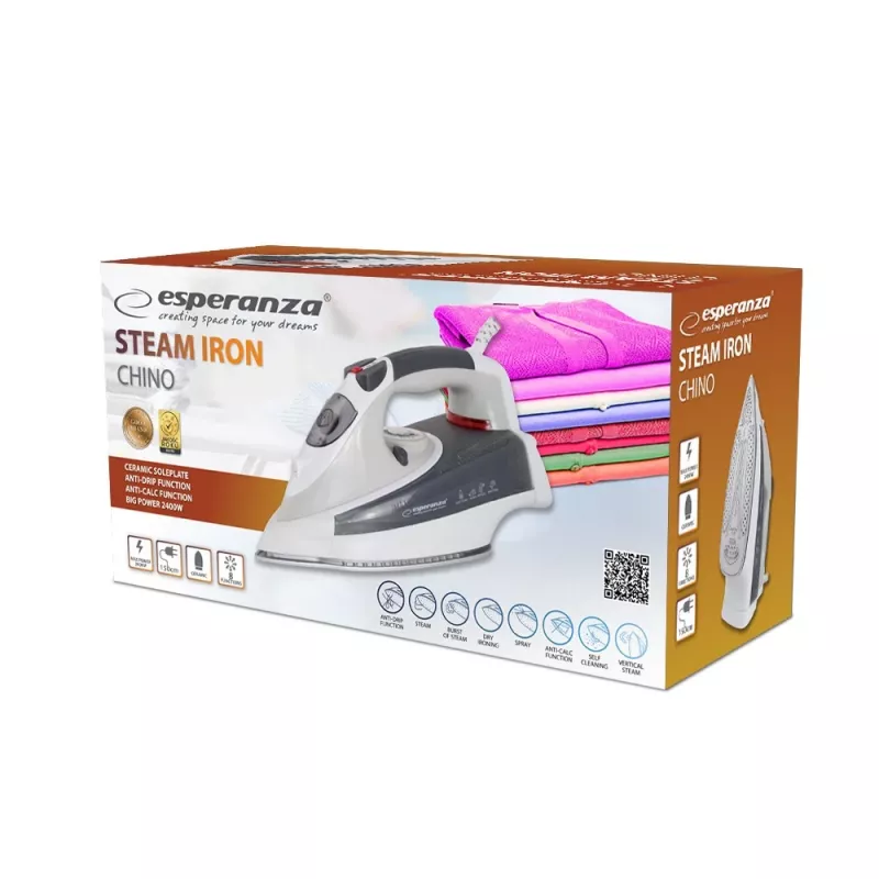 Steam iron ESPERANZA CHINO EHI009 — steam & dry, 0.3 L tank, ceramic soleplate, 220–240V, 50–60Hz, 1.5 m cord