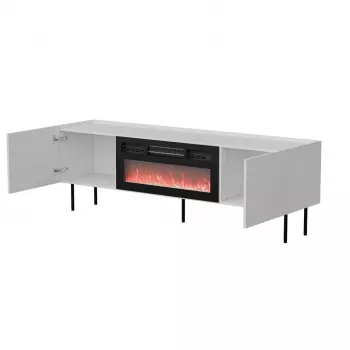 Szafka RTV cama meble LUCCA 180x40x59 cm, blat i rama w kolorze białym, czarny kominek elektryczny