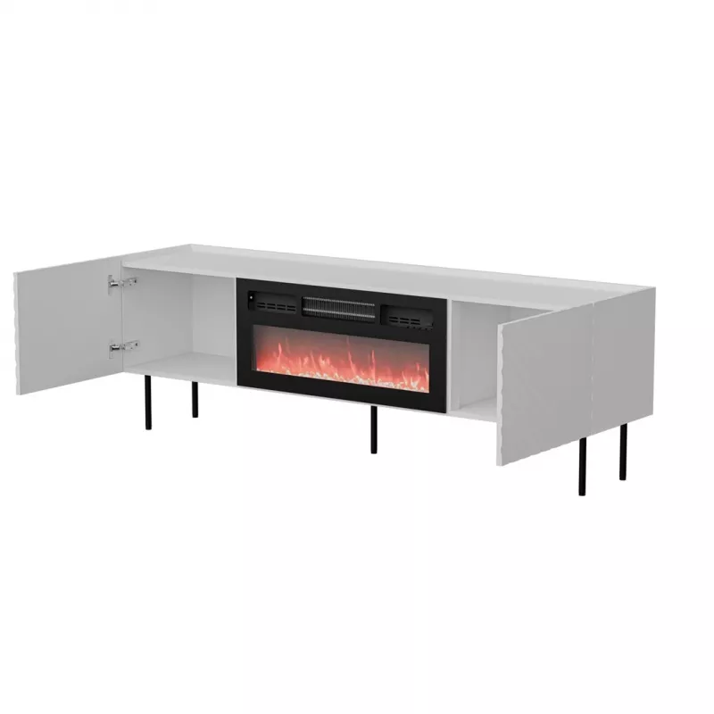 Szafka RTV cama meble LUCCA 180x40x59 cm, blat i rama w kolorze białym, czarny kominek elektryczny