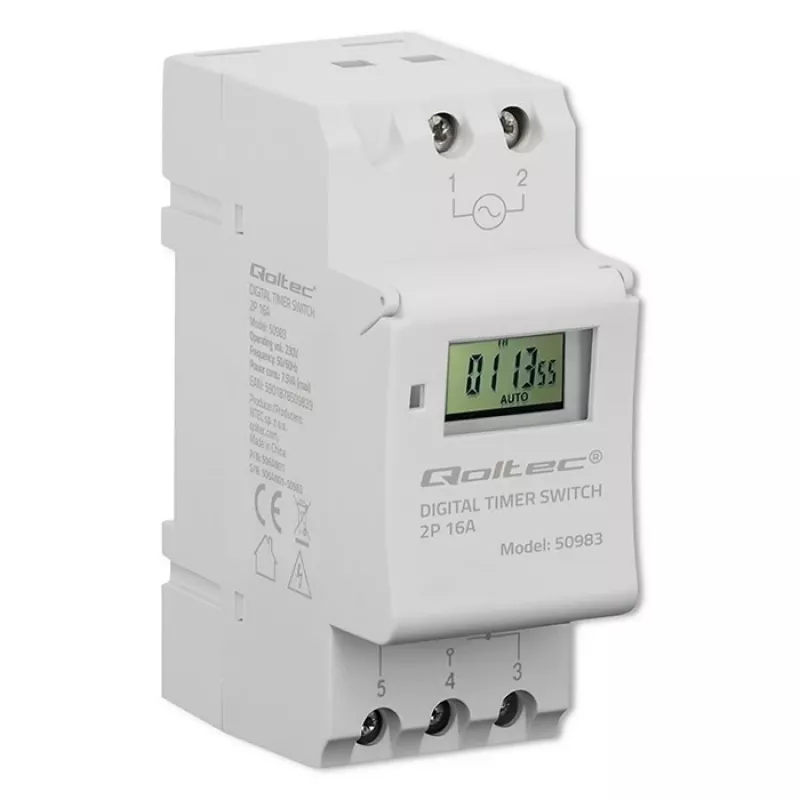 Elektroniczny przekaźnik czasowy na szynę DIN QOLTEC 50983, zasilany baterią, do obwodów automatyki