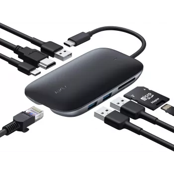 Stacja dokująca do laptopa AUKEY CB-C71 — 3x USB‑C (USB 3.2 Gen1), HDMI, RJ‑45, MicroSD, USB PD 100 W, kabel 0,15 m, czarna