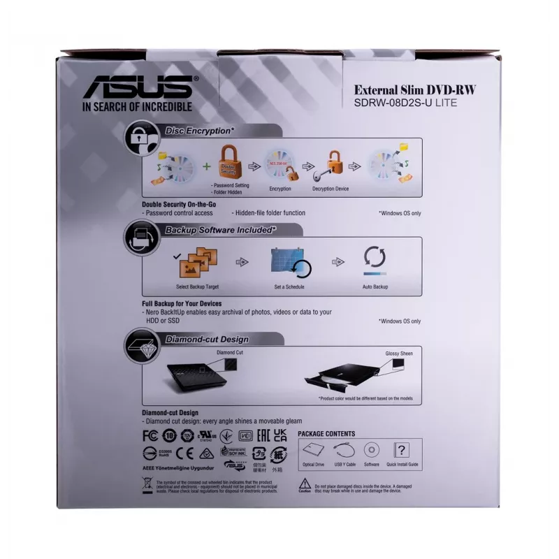 Zewnętrzny napęd optyczny DVD±RW ASUS SDRW-08D2S-U Lite, USB 2.0, czarny, 24x CD / 8x DVD, 142×142×20 mm