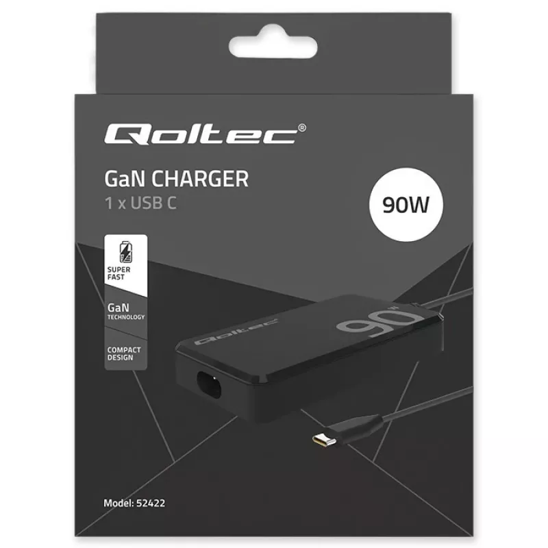 Qoltec 90W GaN Super Fast SLIM Ładowarka ścienna | XP | 5-20V | 4,5A | USB-C 3.1 | Laptop | MacBook | Smartfon | + kabel