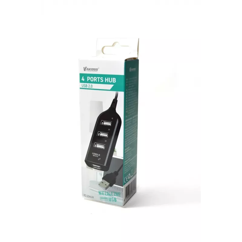 VAKOSS hub USB TC-234UX — 4-portowy hub USB 2.0, zasilanie DC (5V, 1A), czarny