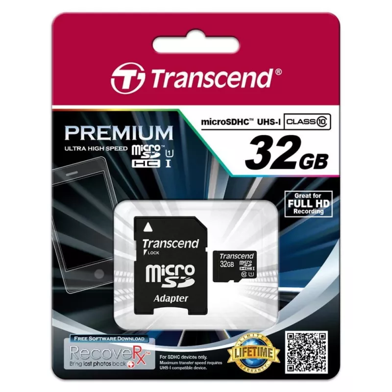 Karta pamięci microSDHC 32GB z adapterem Class 10 TS32GUSDU1 Transcend