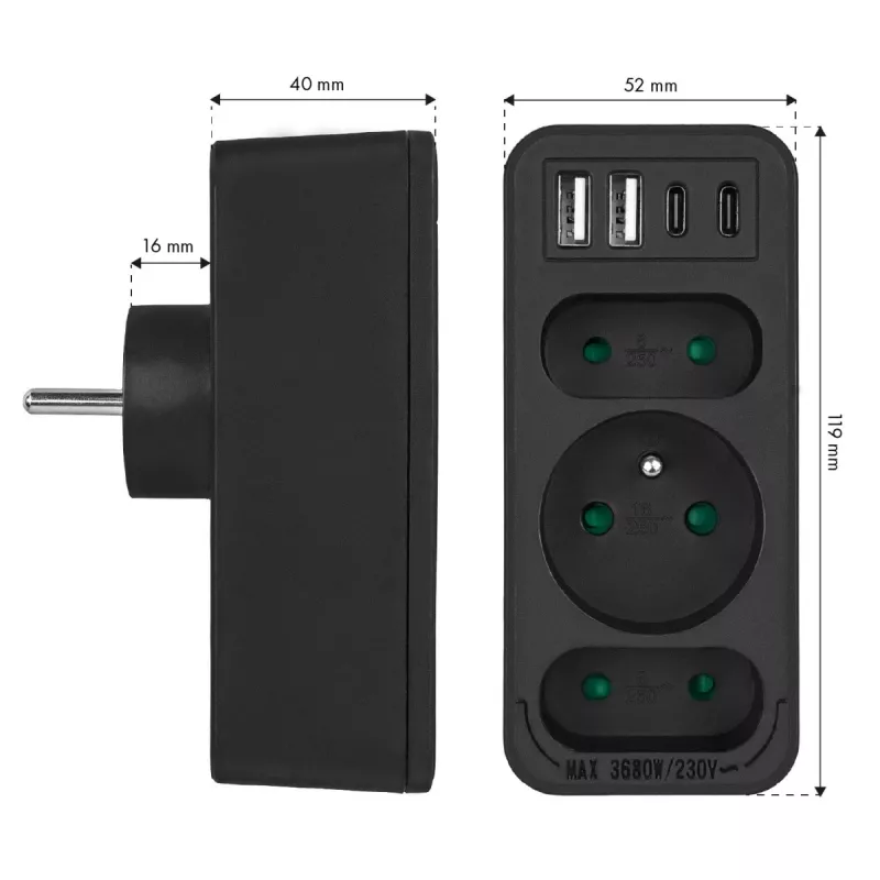 Rozgałęźnik zasilania MACLEAN MCE248 F/B — 3 gniazda AC (1x16A, 2x6A) i 4 porty USB (2xUSB‑A, 2xUSB‑C PD 20W), wtyczka EU, czarny