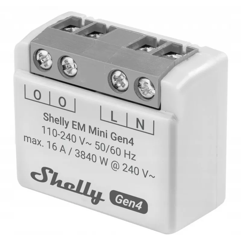 Inteligentny przekaźnik Shelly Relay EM Mini Gen4 1-kanałowy Wi‑Fi Matter Zigbee Bluetooth 8A, 110–240V, miernik energii