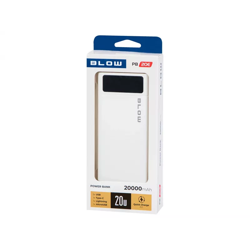 Przenośny powerbank BLOW PB20E 20000mAh QC+PD 20W z USB-C, 2×USB-A, wejściem Lightning, baterią polimerową
