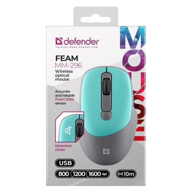 Mysz bezprzewodowa DEFENDER Silent Click C Mint 52294 — symetryczna, 1600 DPI, nano USB 2.4 GHz