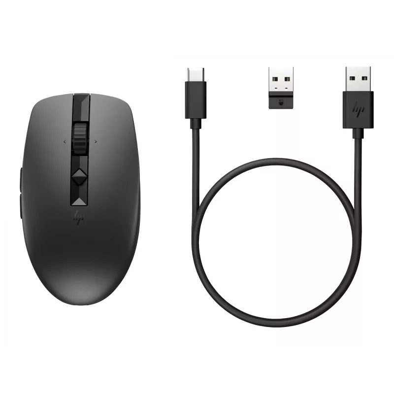 HP 710 Ładowalna cicha mysz, symetryczna, RF Wireless + Bluetooth, 3000 DPI, czarna
