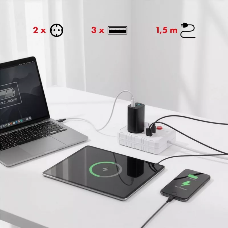Listwa zasilająca MACLEAN MCE387 W — 2 gniazda, 3×USB A, 110–240V, 2500W, kabel 1,5 m, biała