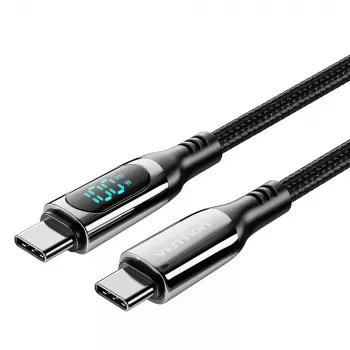 Vention bawełniany pleciony kabel USB 2.0 C męski na C męski 5A z wyświetlaczem LED 1,2 m czarny stop cynku typ