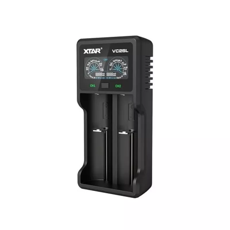 Ładowarka do akumulatorów XTAR VC2SL — USB 5 V 1 A, LCD, ładuje 2 ogniwa, kompatybilna z Li‑Ion/NiMH/NiCd, rozmiary A/AA/AAA/AAAA/C/D/SC, czarna