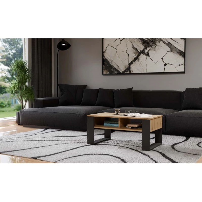 Stolik kawowy top e shop Modern 90×58×50 cm, antracytowa rama, matowe półki Artisan dąb