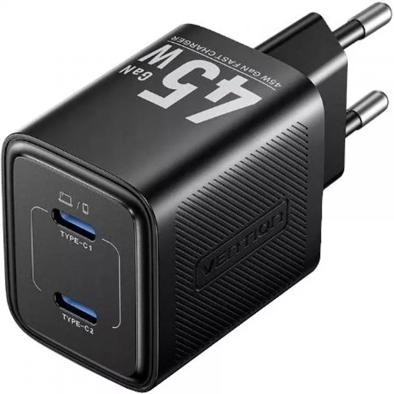 Vention FEFB0-EU 45W Wewnętrzna szybka ładowarka AC 2× USB-C — do smartfona, laptopa, tabletu, smartwatcha, słuchawek (czarna)