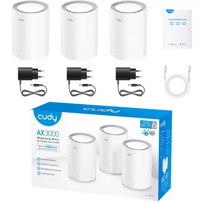System mesh Wi-Fi Cudy M3000 3-PAK, dwuzakresowy (2,4 GHz / 5 GHz), Wi-Fi 6 (802.11ax), szary, biały, 1 wewnętrzna