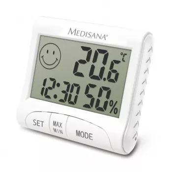 Elektroniczny higrometr wewnętrzny Medisana HG 100 — termometr cyfrowy, wilgotność 20–90%, temp. -10–50 °C, wyświetlacz stołowy, bateria AAA