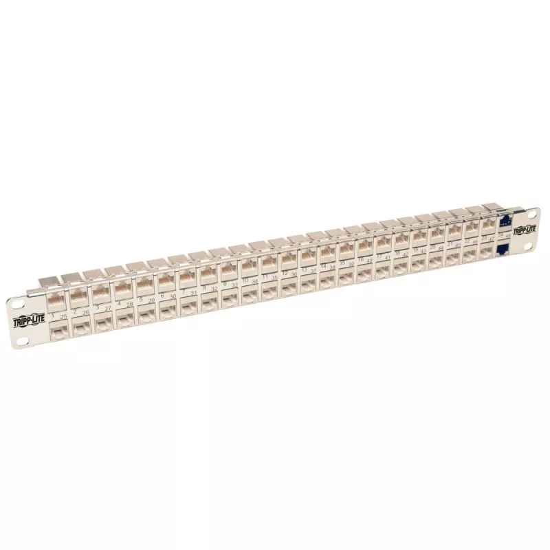 Tripp N254-048-SH-6A 48 portów, 1U, ekranowana, Cat6a STP panel krosowy przepustowy - RJ45 Ethernet - TAA - 10 Gigabit Ethernet - RJ-45 - Cat6a - Srebrny - Biały - Montaż w szafie