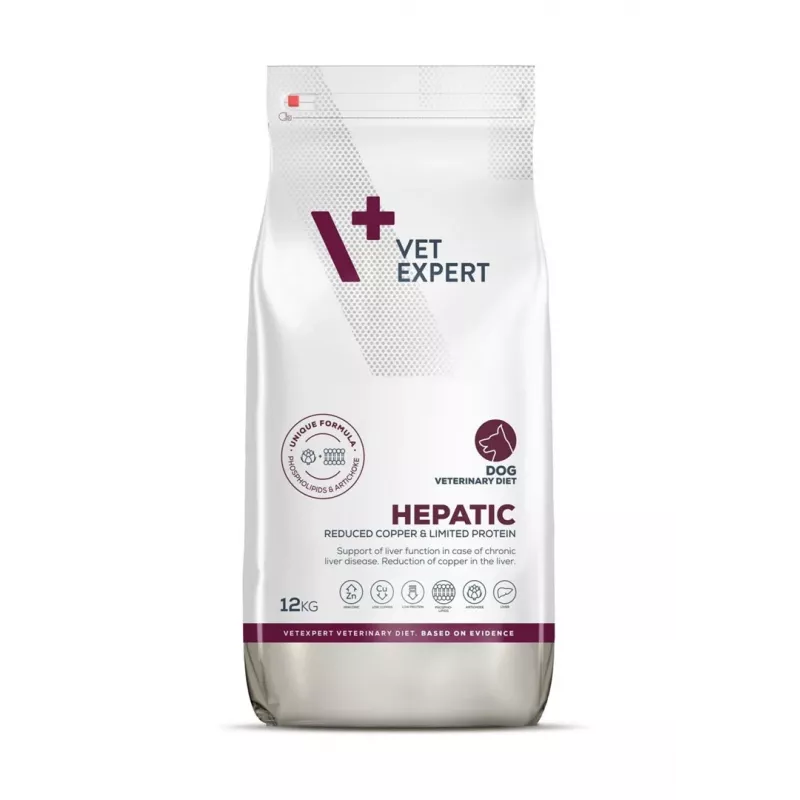 Sucha karma dla psów VETEXPERT Veterinary Diet Hepatic 12 kg — dietetyczne żywienie wspomagające wątrobę, smak mięsny, dla psów dorosłych 10–15,9 kg