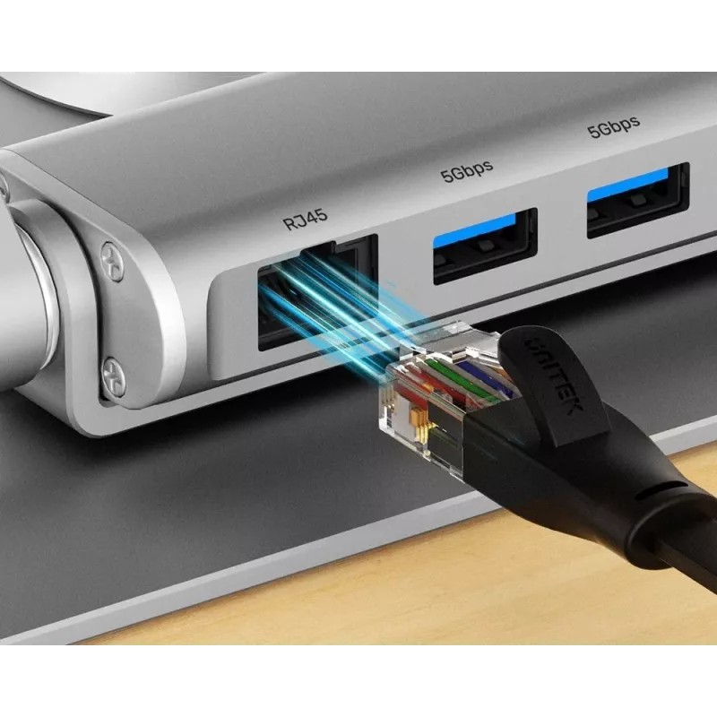 Stojak na laptopa Unitek D1109B01 — aluminiowy regulowany stojak z odłączanym modułem USB‑C HDMI 4K PD 100W, 2x USB‑A, RJ‑45, do 17 cali