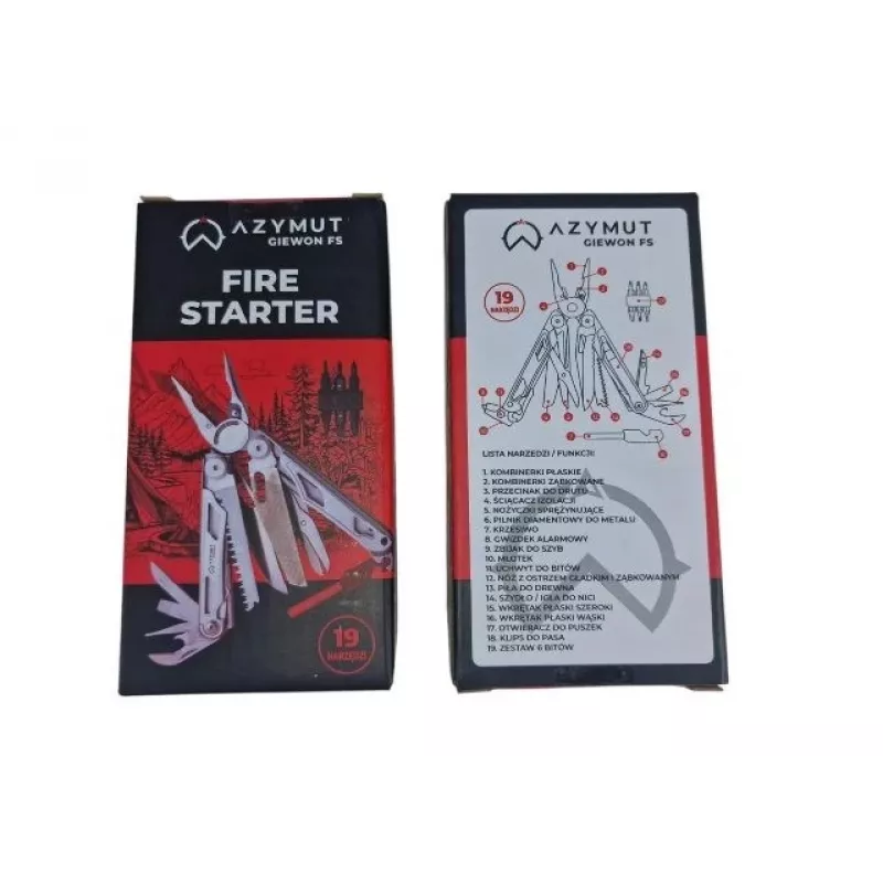 Multitool AZYMUT Giewon FS Fire Starter wielofunkcyjny z 19 narzędziami, krzesiwem, gwizdkiem i pochewką na pasek (H2038A)