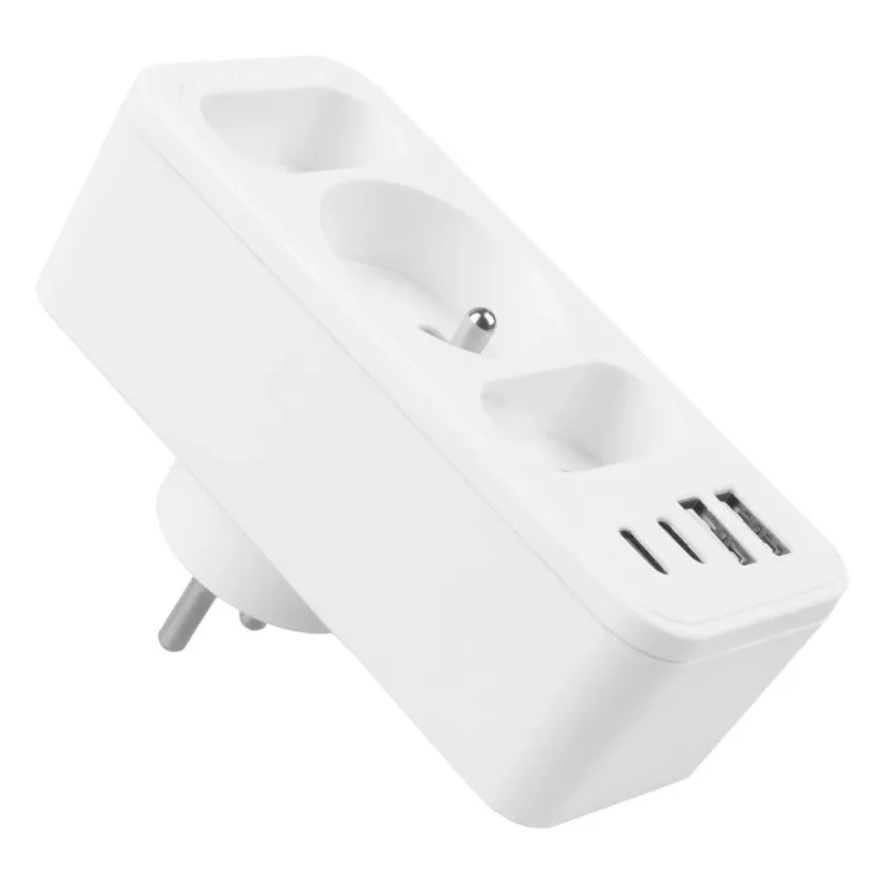 Rozgałęziacz zasilania MACLEAN MCE248 F/W — 3 gniazda AC (1×16A, 2×6A) + 4×USB (2×A, 2×C PD 20W), wtyczka EU, biały