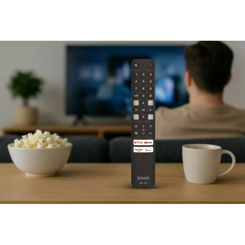 Uniwersalny pilot zdalnego sterowania SAVIO RC-15 do telewizorów TCL SMART TV, bezprzewodowy IR, czarny, zasięg 10 m