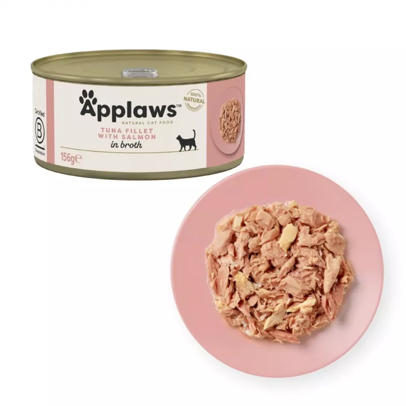 Mokra karma dla kota Applaws Filet z tuńczyka z łososiem w bulionie — saszetka 156 g, 15% białka, 80% wilgotności