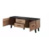Szafka TV Cama Meble LOTTA 140 cm — rama wotan dąb, czarny blat z płyty wiórowej, 1400×400×530 mm