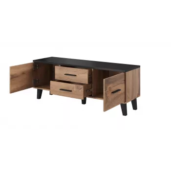 Szafka TV Cama Meble LOTTA 140 cm — rama wotan dąb, czarny blat z płyty wiórowej, 1400×400×530 mm