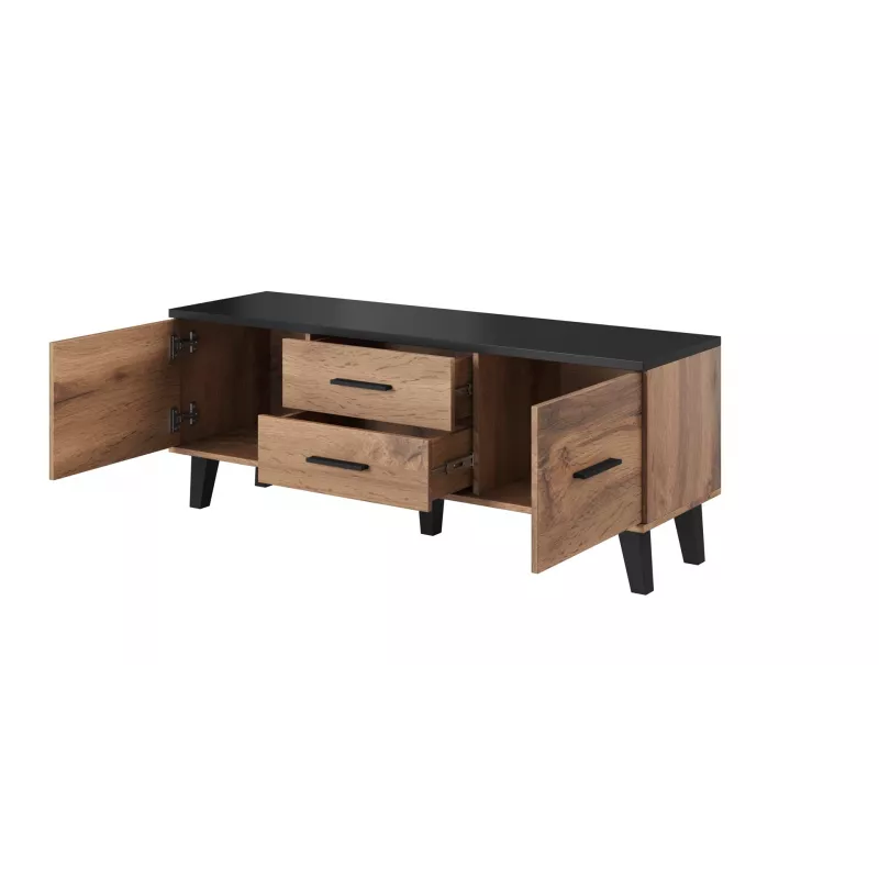 Szafka TV Cama Meble LOTTA 140 cm — rama wotan dąb, czarny blat z płyty wiórowej, 1400×400×530 mm