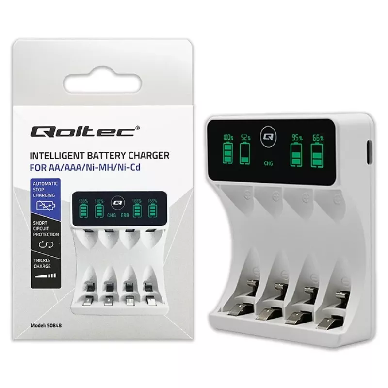 Ładowarka QOLTEC 50848 do akumulatorów NiMH AAA (R03) i AA (R6) z wyświetlaczem LCD