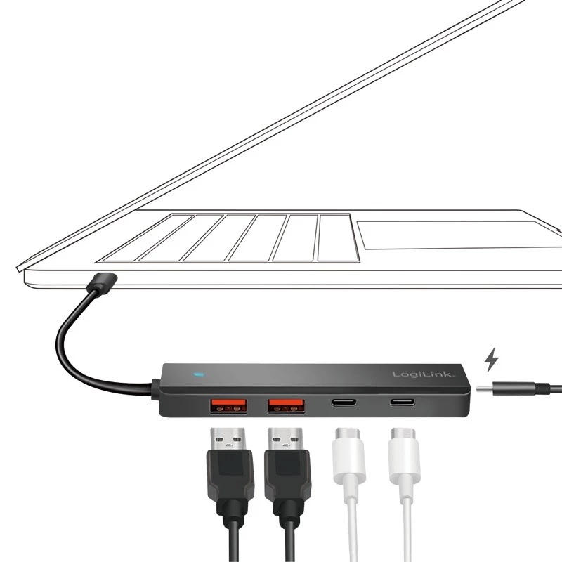 Hub USB-C, 4-porty 2x USB-A, 2x USB-C, Czarny