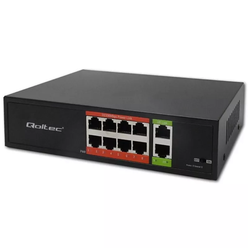 Przełącznik sieciowy QOLTEC FAST Ethernet PoE 8xRJ45 z 2xRJ45 uplink (model 52290)