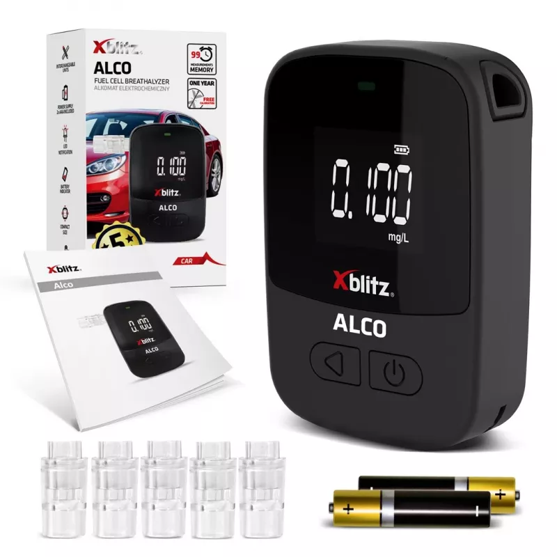 Ręczny elektrochemiczny tester alkoholu Xblitz ALCO — BAC 0–4%, dokładność 0,05%, LCD, 5 ustników, 2 baterie 1,5 V