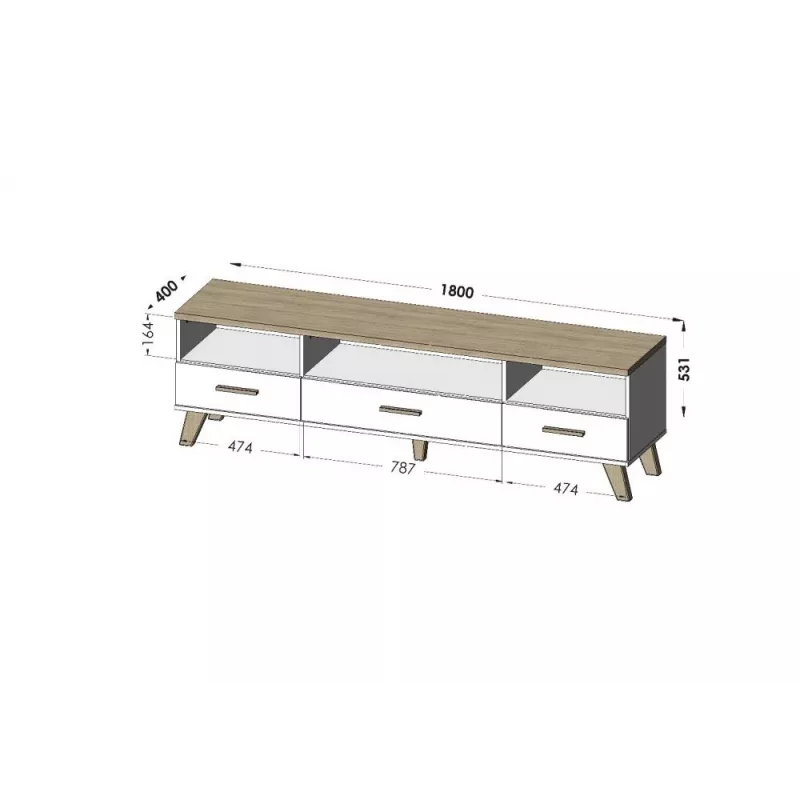 Stolik TV Cama Meble LOTTA 180 cm — rama w kolorze dębu Wotan, matowy czarny blat, 1800×400×530 mm