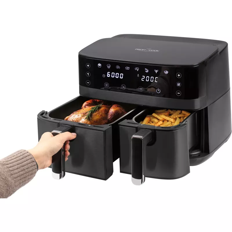 Podwójna frytkownica beztłuszczowa ProfiCook PCFR1295H — 2 pojemniki (5,5 L + 3,5 L), łącznie 9,0 L, 2700 W, front ze stali nierdzewnej